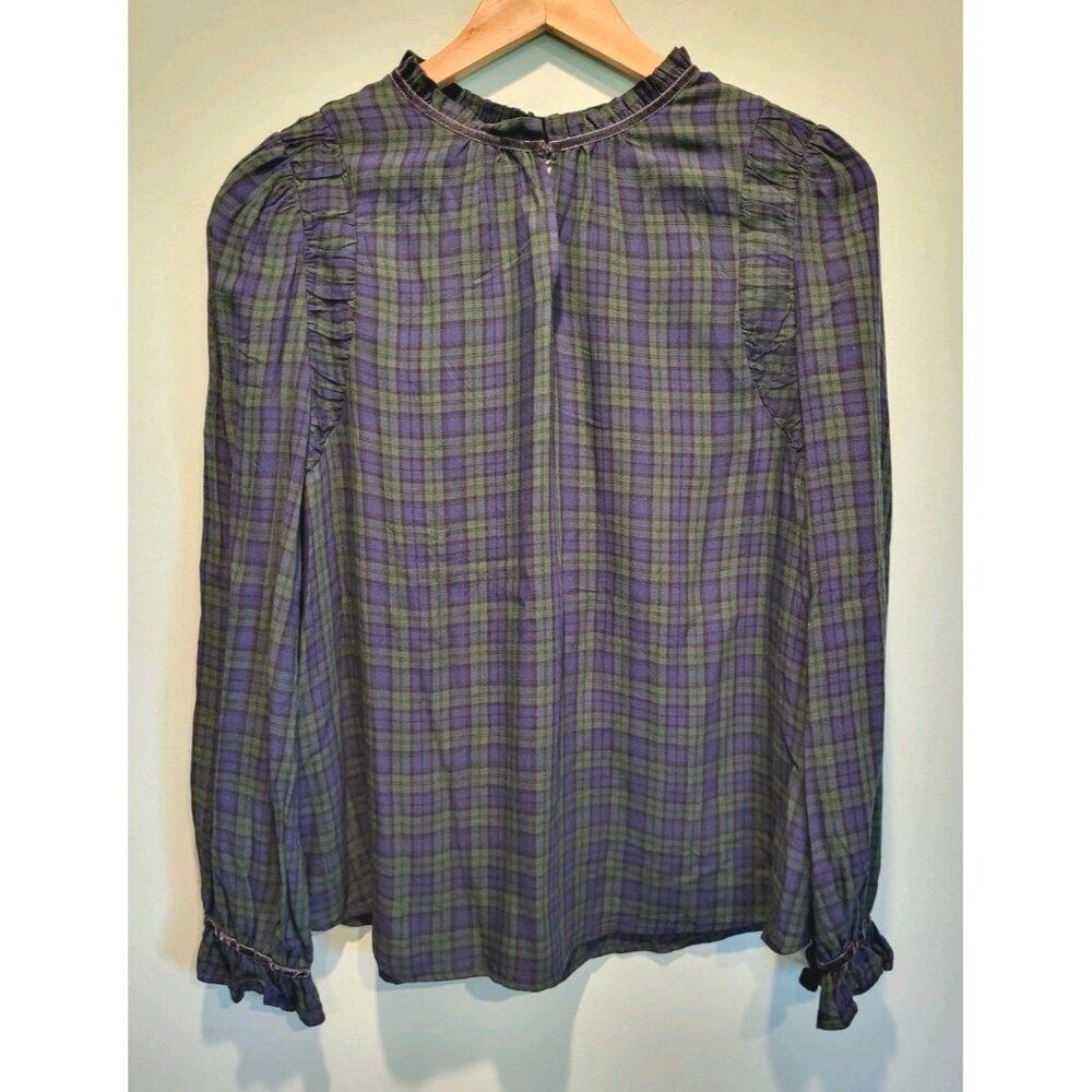 New Blue Green Plaid Lightweight Long Puff Sleeve Relaxed Fit Top Sz L